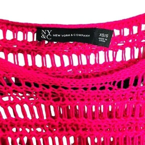 New York & CO Color Block Pink/Orange One Shoulder Slit Crochet Slouchy Sweater - Picture 5 of 7